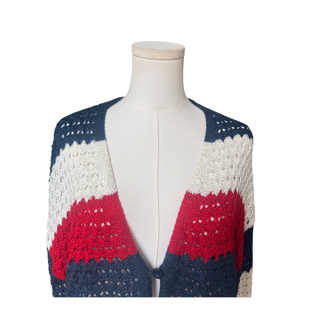 Crochet‎ Fourth of July Open Knit Cardigan Sweater XL Red White Blue Striped - Picture 3 of 11